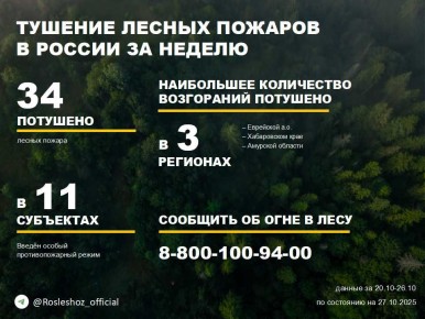 По данным Авиалесоохраны, подведомственной организации Рослесхоза, за прошедшую неделю потушено 34 лесных пожара в 9 регионах России