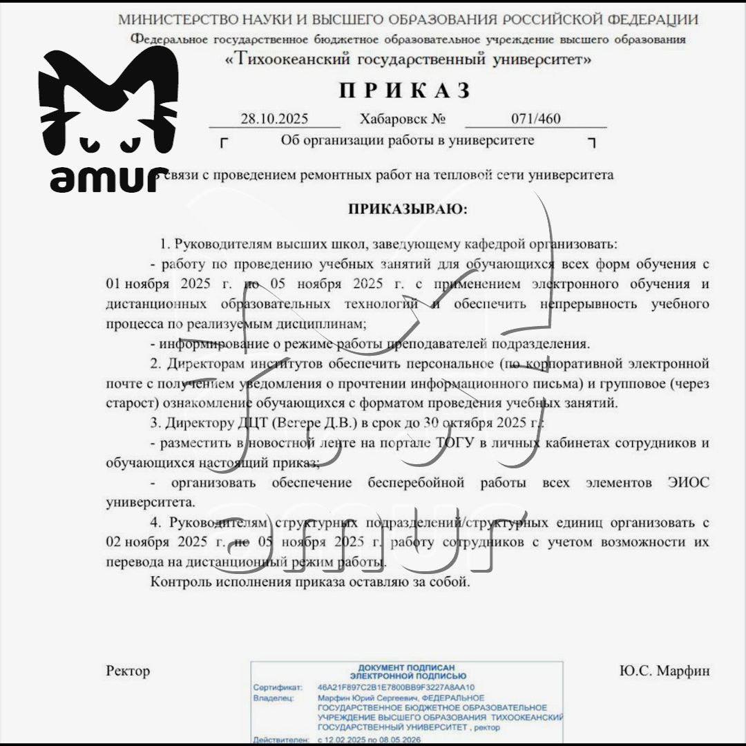 ТОГУ переводит студентов на дистанционку из-за очередного отключения отопления и горячей воды