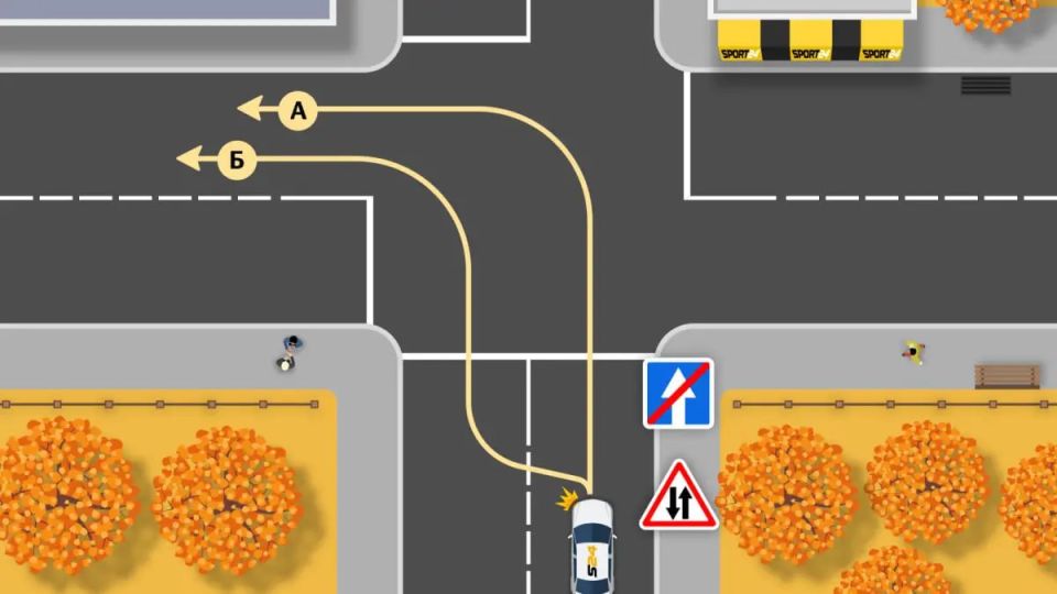 Из какой полосы водителю белого ТС позволяется повернуть налево? - Только из правой? или только из левой? Возможно из любой? или вообще поворот налево на этом перекрестке запрещен?