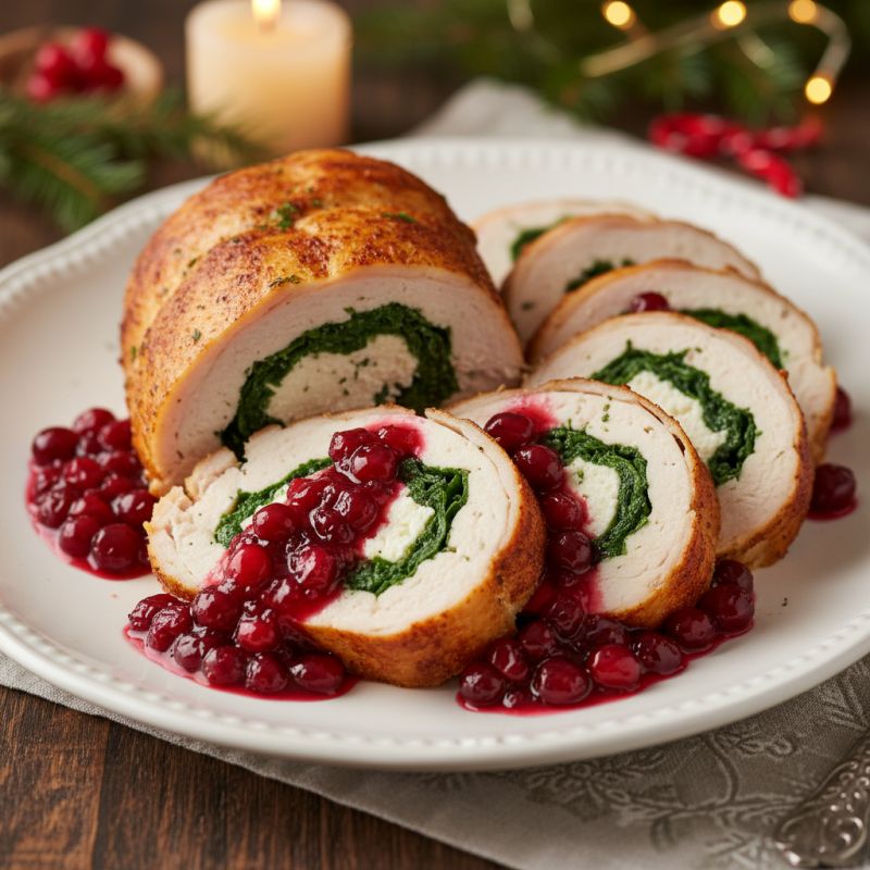 Изысканный рулет из индейки с сыром, шпинатом и клюквенным соусом